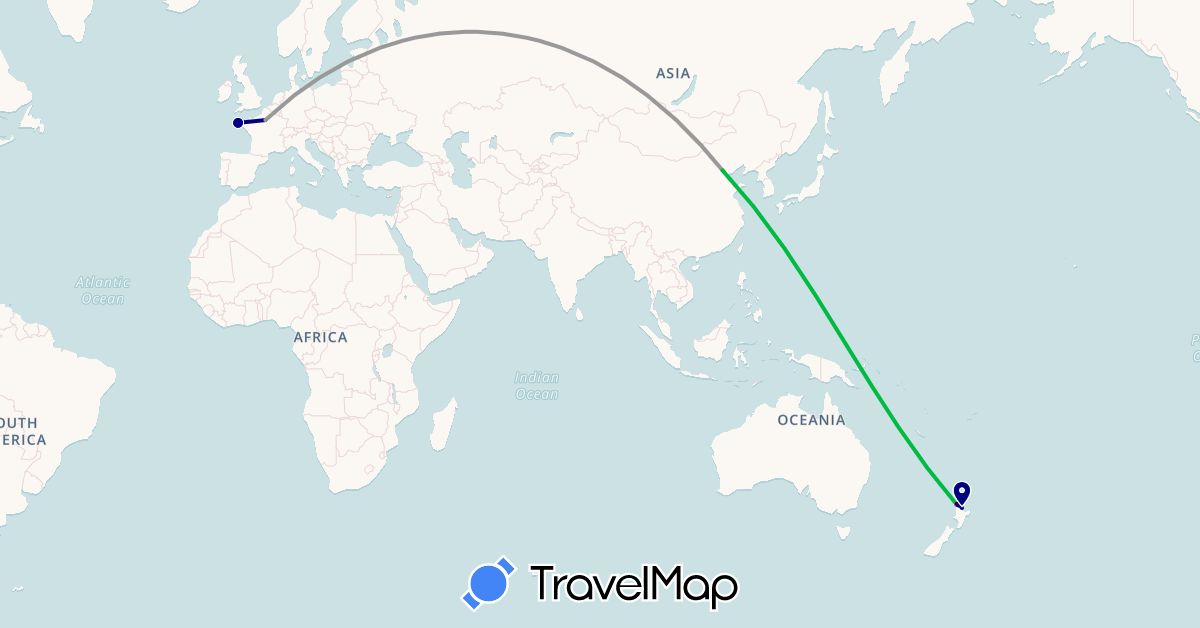 TravelMap itinerary: driving, bus, plane, hiking, boat in China, France, New Zealand (Asia, Europe, Oceania)